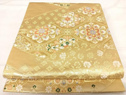 平和屋着物◎六通柄袋帯 唐織 松皮取華文 金糸 正絹 逸品 AABG2486yx