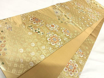 平和屋着物◎六通柄袋帯 唐織 松皮取華文 金糸 正絹 逸品 AABG2486yx