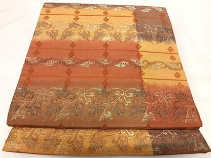 平和屋着物◎全通柄袋帯　しじら織　更紗花文　金糸　正絹　逸品　AABG2489yx