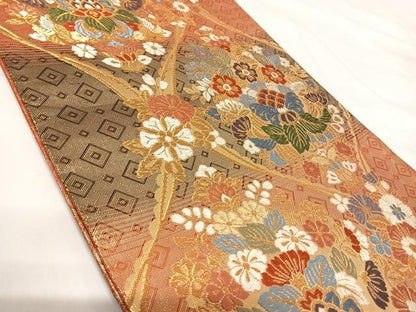 平和屋着物◎佐賀錦 六通柄袋帯 唐織 立涌花文 金糸 正絹 逸品 AABG2498yx