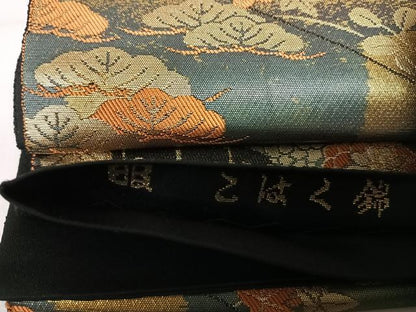 平和屋着物◎西陣　服部織物謹製　六通柄袋帯　こはく錦　特選手工芸　御所車花文　金糸　正絹　逸品　AABG2499yx