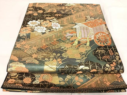 平和屋着物◎西陣　服部織物謹製　六通柄袋帯　こはく錦　特選手工芸　御所車花文　金糸　正絹　逸品　AABG2499yx
