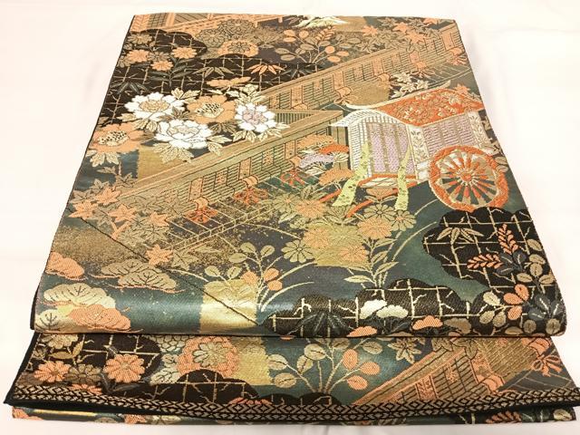 平和屋着物◎西陣　服部織物謹製　六通柄袋帯　こはく錦　特選手工芸　御所車花文　金糸　正絹　逸品　AABG2499yx