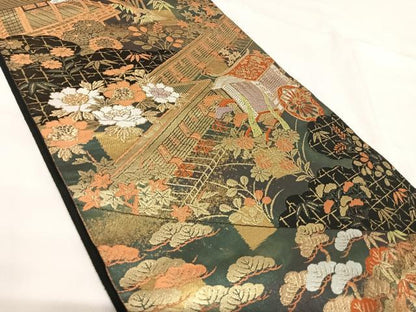 平和屋着物◎西陣　服部織物謹製　六通柄袋帯　こはく錦　特選手工芸　御所車花文　金糸　正絹　逸品　AABG2499yx