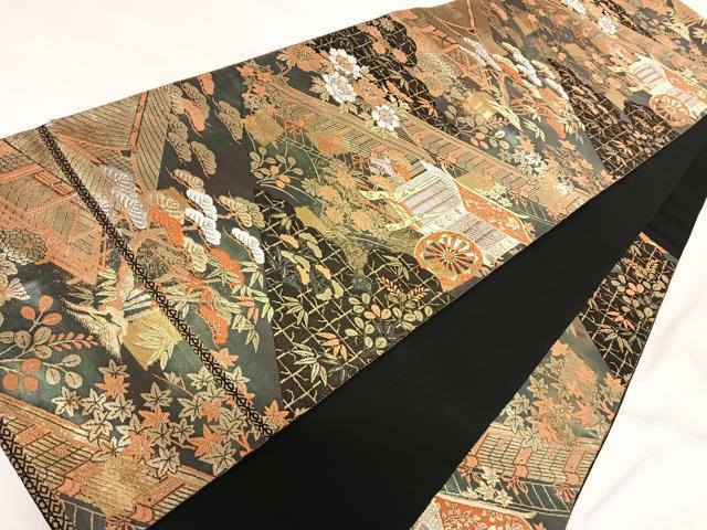 平和屋着物◎西陣　服部織物謹製　六通柄袋帯　こはく錦　特選手工芸　御所車花文　金糸　正絹　逸品　AABG2499yx