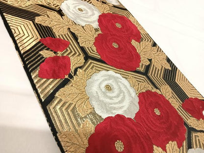 平和屋着物◎六通柄袋帯 饅頭菊 黒地 金銀糸 正絹 逸品 AABG2515yx