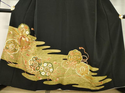 平和屋着物■豪華黒留袖　駒刺繍　鏡裏鳳凰花文　金彩　正絹　逸品　AABG2554ck