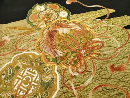 平和屋着物■豪華黒留袖　駒刺繍　鏡裏鳳凰花文　金彩　正絹　逸品　AABG2554ck