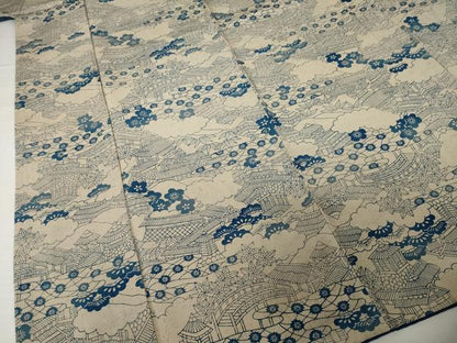 平和屋着物■上質な小紋 型染め 本藍 風景文 正絹 逸品 AABG2564ck