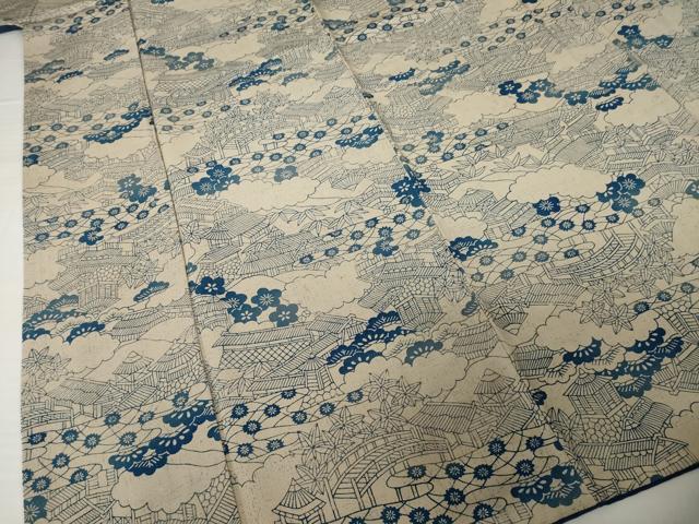 平和屋着物■上質な小紋 型染め 本藍 風景文 正絹 逸品 AABG2564ck