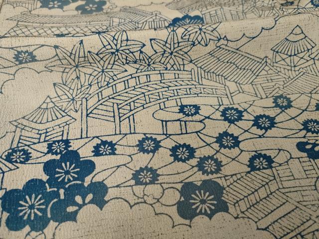 平和屋着物■上質な小紋 型染め 本藍 風景文 正絹 逸品 AABG2564ck