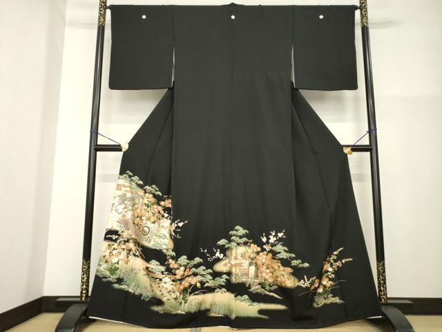 平和屋着物■豪華黒留袖　駒刺繍　風景花車文　金彩　正絹　逸品　AABG2565ck