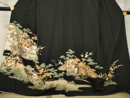 平和屋着物■豪華黒留袖　駒刺繍　風景花車文　金彩　正絹　逸品　AABG2565ck