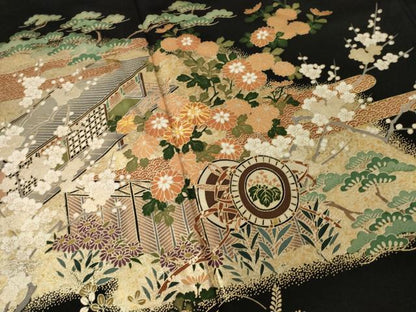 平和屋着物■豪華黒留袖　駒刺繍　風景花車文　金彩　正絹　逸品　AABG2565ck