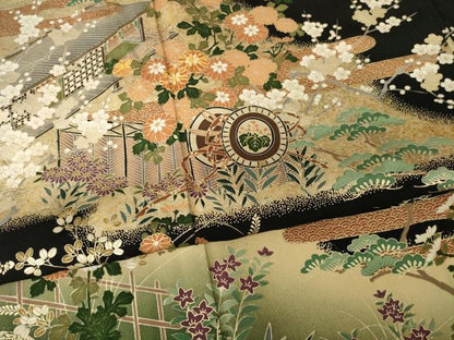 平和屋着物■豪華黒留袖　駒刺繍　風景花車文　金彩　正絹　逸品　AABG2565ck