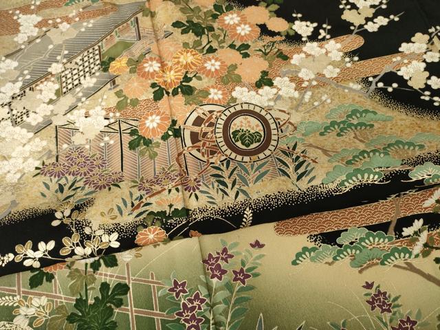平和屋着物■豪華黒留袖　駒刺繍　風景花車文　金彩　正絹　逸品　AABG2565ck