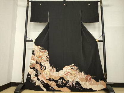 平和屋着物■豪華黒留袖　駒刺繍　道長雪輪花籬文　金彩　正絹　逸品　AABG2575ck