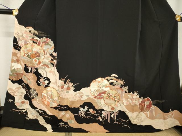 平和屋着物■豪華黒留袖　駒刺繍　道長雪輪花籬文　金彩　正絹　逸品　AABG2575ck