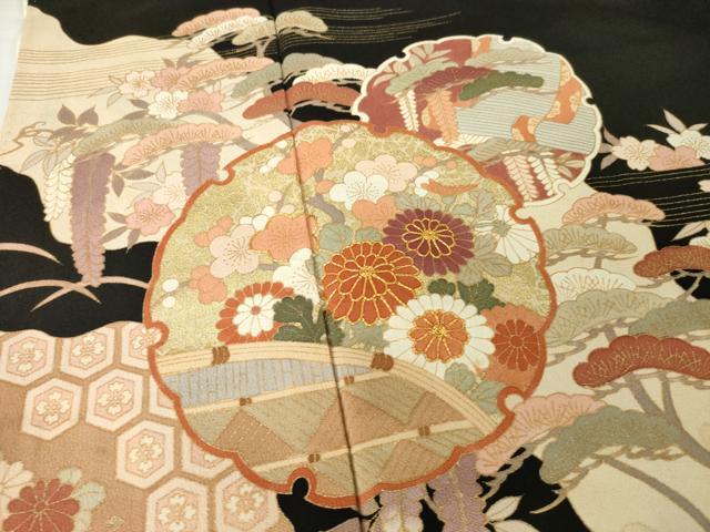 平和屋着物■豪華黒留袖　駒刺繍　道長雪輪花籬文　金彩　正絹　逸品　AABG2575ck
