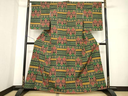 平和屋着物■上質な紬　幾何学花文　黒地　正絹　逸品　AABG2601ck