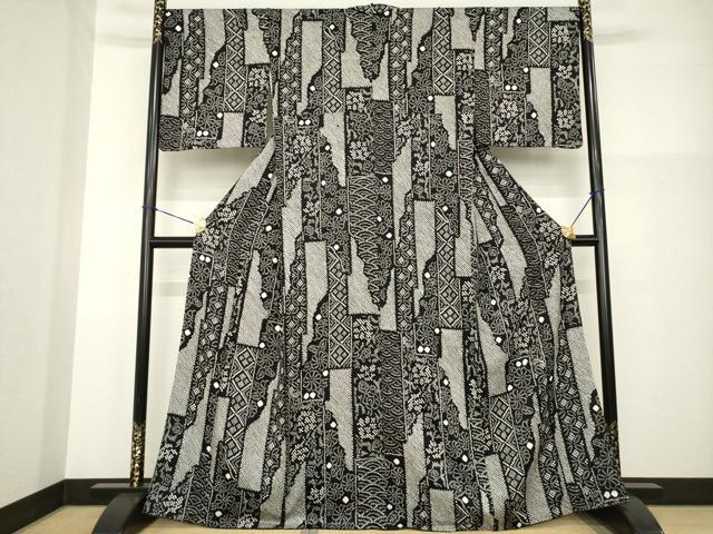 平和屋着物●上質な小紋　総絞り　短冊花文　黒地　正絹　逸品　AABG2657ck