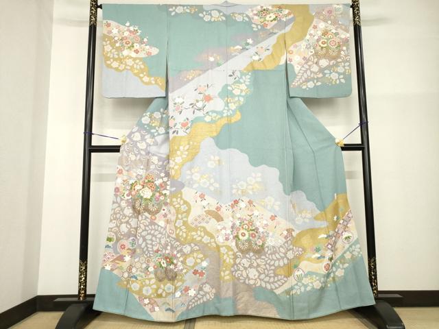 平和屋着物●訪問着　泰常　駒刺繍　花車文　金彩　正絹　逸品　AABG2659ck