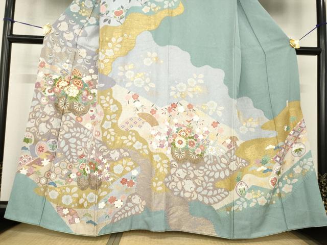 平和屋着物●訪問着　泰常　駒刺繍　花車文　金彩　正絹　逸品　AABG2659ck