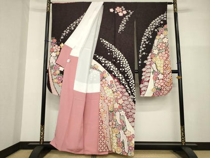 平和屋着物●豪華振袖・長襦袢(無双仕立て)セット　駒刺繍　絞り　中国三大刺繍　相良刺繍　舞花文　銀通し地　正絹　逸品　AABG2661ck