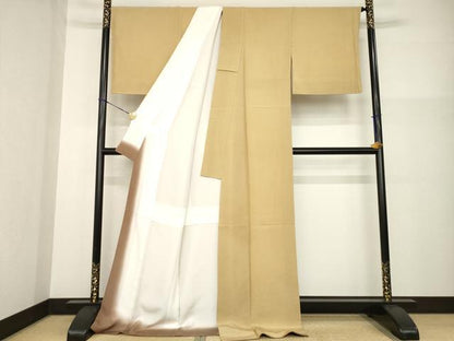 平和屋着物●江戸小紋　極小鮫小紋柄　飴色　丹後ちりめん　ロング丈　反端付き　正絹　逸品　AABG2664ck