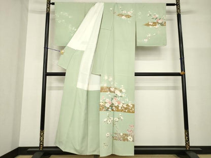 平和屋着物●訪問着　刺繍　枝花文　金彩　正絹　逸品　AABG2667ck