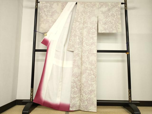 平和屋着物●お召　薔薇　バラ　正絹　逸品　AABG2673ck