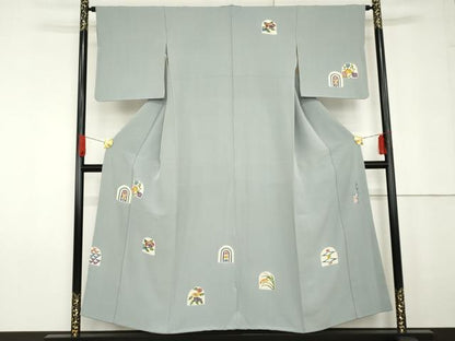 平和屋着物●人間国宝 芹沢圭介一番弟子 下平清人 訪問着 型染め 草花文 正絹 逸品 AABG2682cs