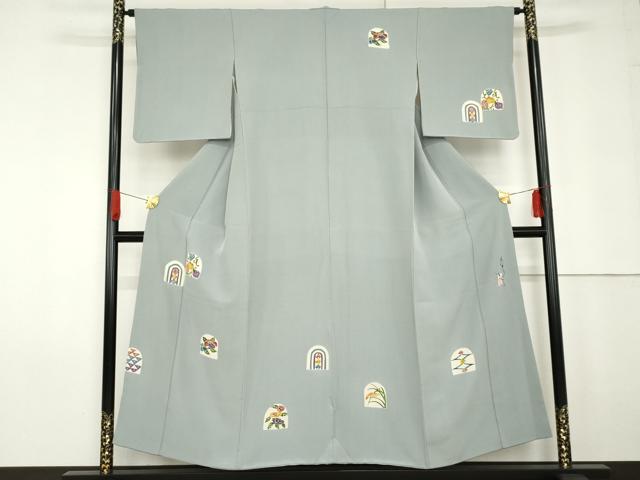 平和屋着物●人間国宝 芹沢圭介一番弟子 下平清人 訪問着 型染め 草花文 正絹 逸品 AABG2682cs