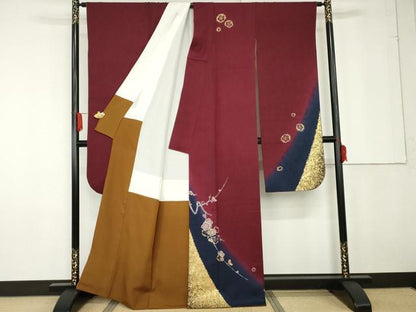 平和屋着物●豪華振袖　枝梅文　暈し染め　金彩　正絹　逸品　AABG2687cs