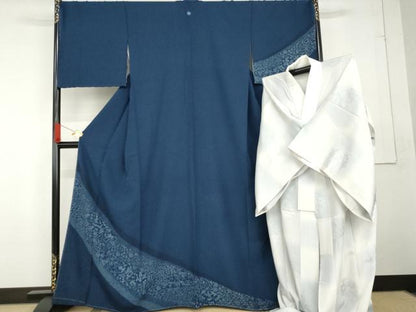平和屋着物●訪問着　長襦袢(無双仕立て)セット　藍　鳳凰草花文　正絹　逸品　未使用　AABG2706cs
