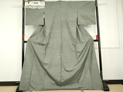 平和屋着物●：石川県指定無形文化財　牛首紬　白山工房　手織り　色無地　青白橡色　証紙付き　正絹　逸品　AABG2710cs