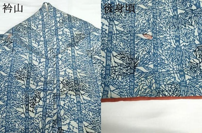 平和屋着物●上質な小紋　本藍　型染め　笹竹文　鬼しぼ縮緬　正絹　逸品　AABG2715cs