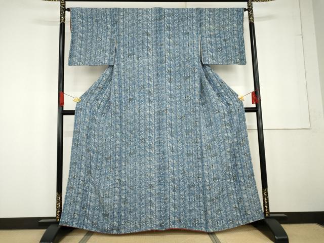 平和屋着物●上質な小紋　本藍　型染め　笹竹文　鬼しぼ縮緬　正絹　逸品　AABG2715cs