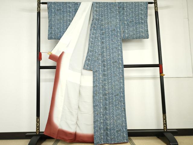 平和屋着物●上質な小紋　本藍　型染め　笹竹文　鬼しぼ縮緬　正絹　逸品　AABG2715cs