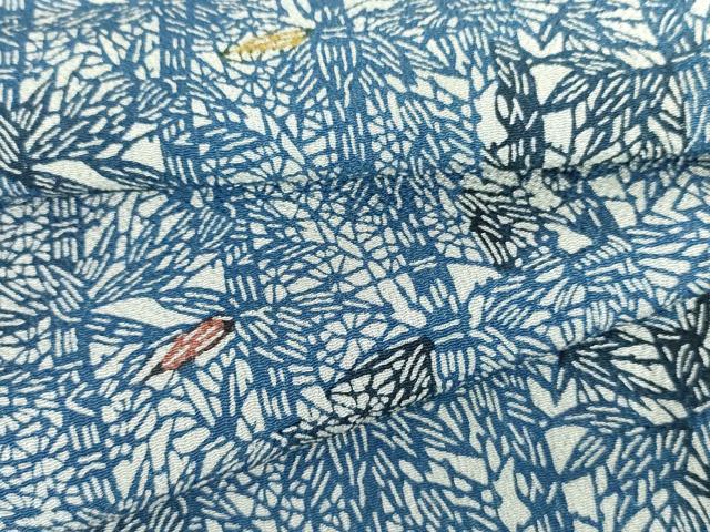平和屋着物●上質な小紋　本藍　型染め　笹竹文　鬼しぼ縮緬　正絹　逸品　AABG2715cs