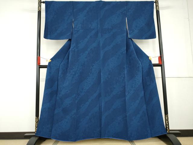 平和屋着物●上質な小紋　辻が花　型染め　本藍　道長草花文　鬼しぼ縮緬　正絹　逸品　AABG2716cs