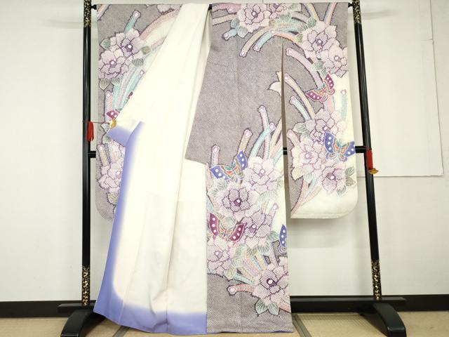 平和屋着物●名門　藤娘きぬたや・総絞り　振袖　孔雀花蝶文　正絹　逸品　AABG2722cs