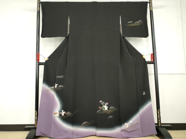平和屋着物●人形作家・ホリヒロシ 訪問着 兎のお月見 暈し染め 黒地 金彩 鬼しぼ縮緬 正絹 逸品 AABG2724cs
