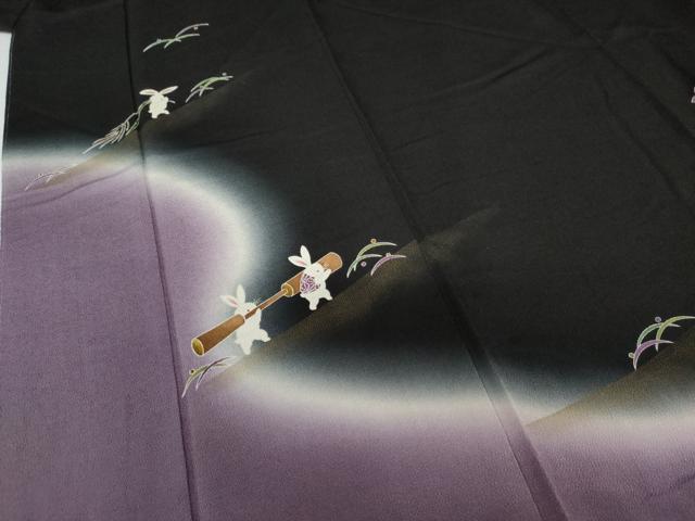 平和屋着物●人形作家・ホリヒロシ 訪問着 兎のお月見 暈し染め 黒地 金彩 鬼しぼ縮緬 正絹 逸品 AABG2724cs