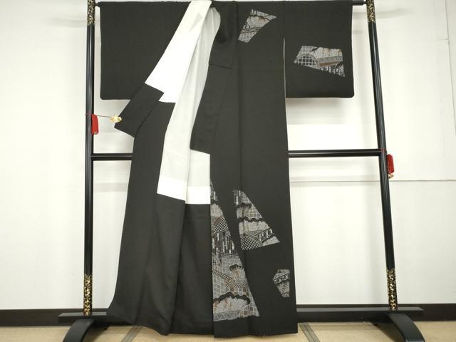 平和屋着物●女優・吉永小百合 訪問着 風景枝葉文 黒地 正絹 逸品 AABG2730cs