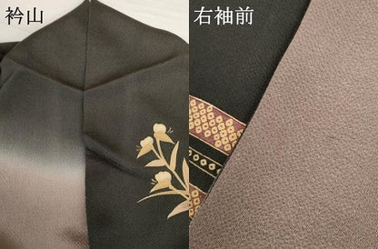 平和屋着物●訪問着 作家物 月亀 蔦の葉文 暈し染め 黒地 金彩 鬼しぼ縮緬 正絹 逸品 AABG2757cs