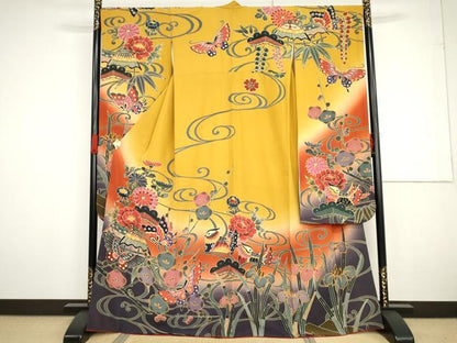 平和屋着物●手ざし京紅型染・宮崎紅型　宮崎良次　振袖　鴛鴦花蝶文　暈し染め　正絹　逸品　AABG2764cs