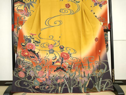 平和屋着物●手ざし京紅型染・宮崎紅型　宮崎良次　振袖　鴛鴦花蝶文　暈し染め　正絹　逸品　AABG2764cs