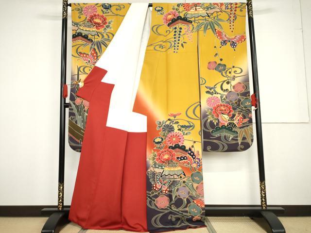 平和屋着物●手ざし京紅型染・宮崎紅型　宮崎良次　振袖　鴛鴦花蝶文　暈し染め　正絹　逸品　AABG2764cs