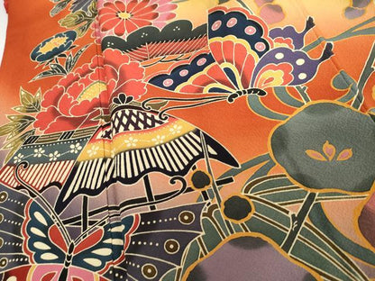 平和屋着物●手ざし京紅型染・宮崎紅型　宮崎良次　振袖　鴛鴦花蝶文　暈し染め　正絹　逸品　AABG2764cs